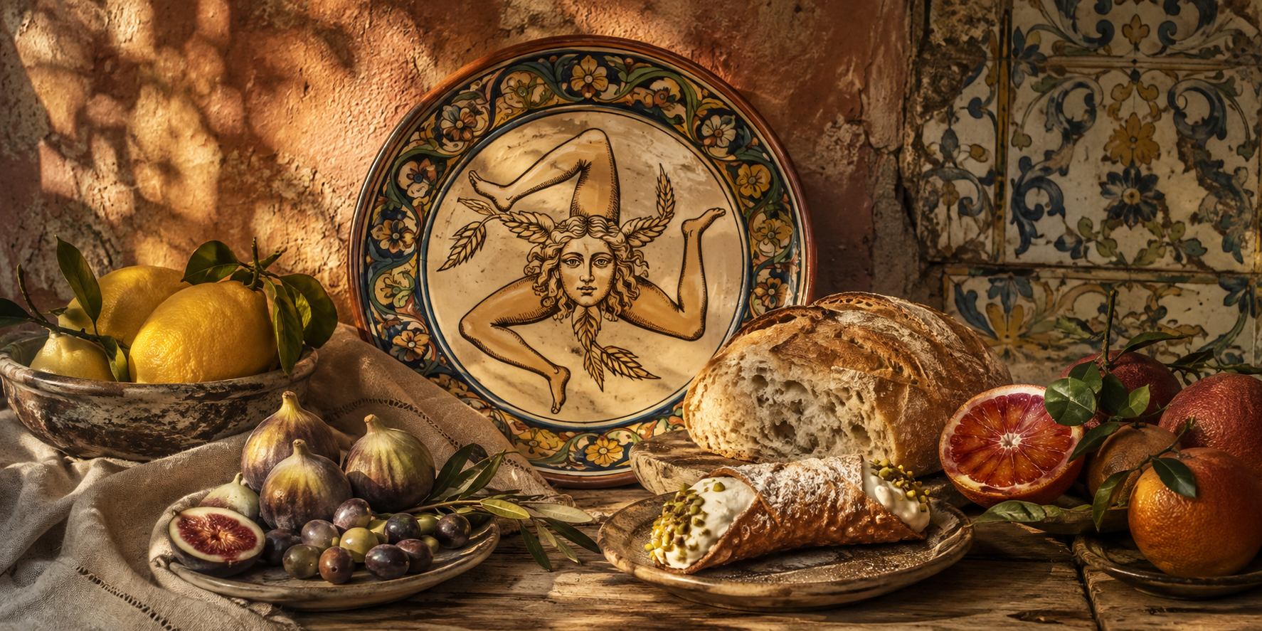 A Sicilian table with the Trinacria, lemons, figs, olives, bread, blood oranges, and cannoli